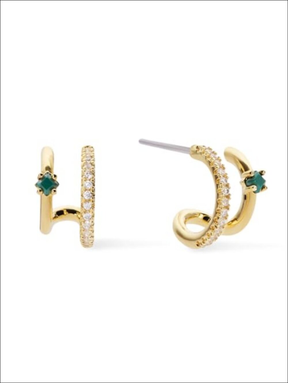 14K Gold Plated Double Hoop Earrings Silver Rhodium Plated Malachite